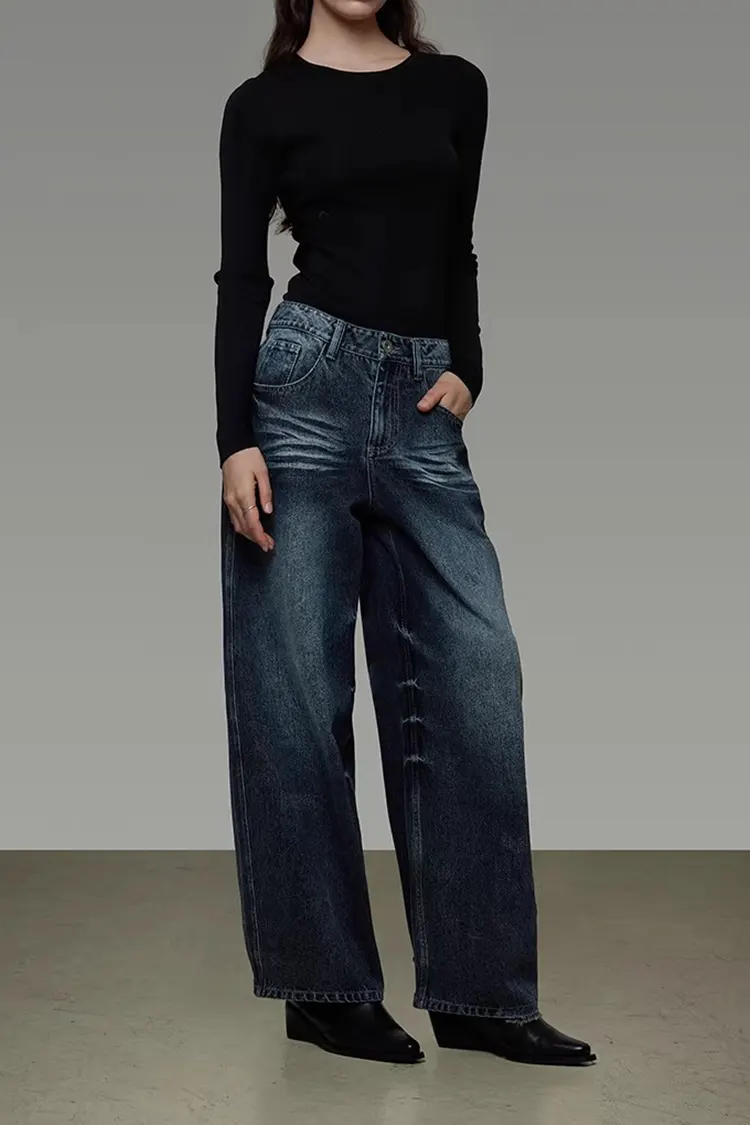 Women's Washed Denim Wide-Leg Pants
