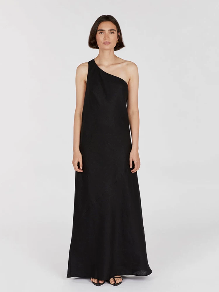 Vestido feminino casual de linho longo com bainha assimétrica
