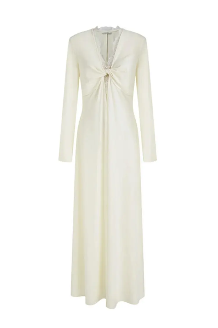 Vestido maxi feminino com emenda de renda