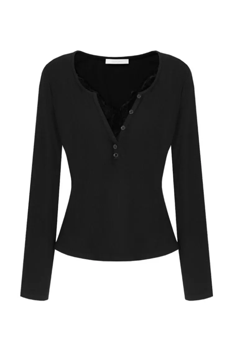 Suéter fino feminino de renda com decote em V