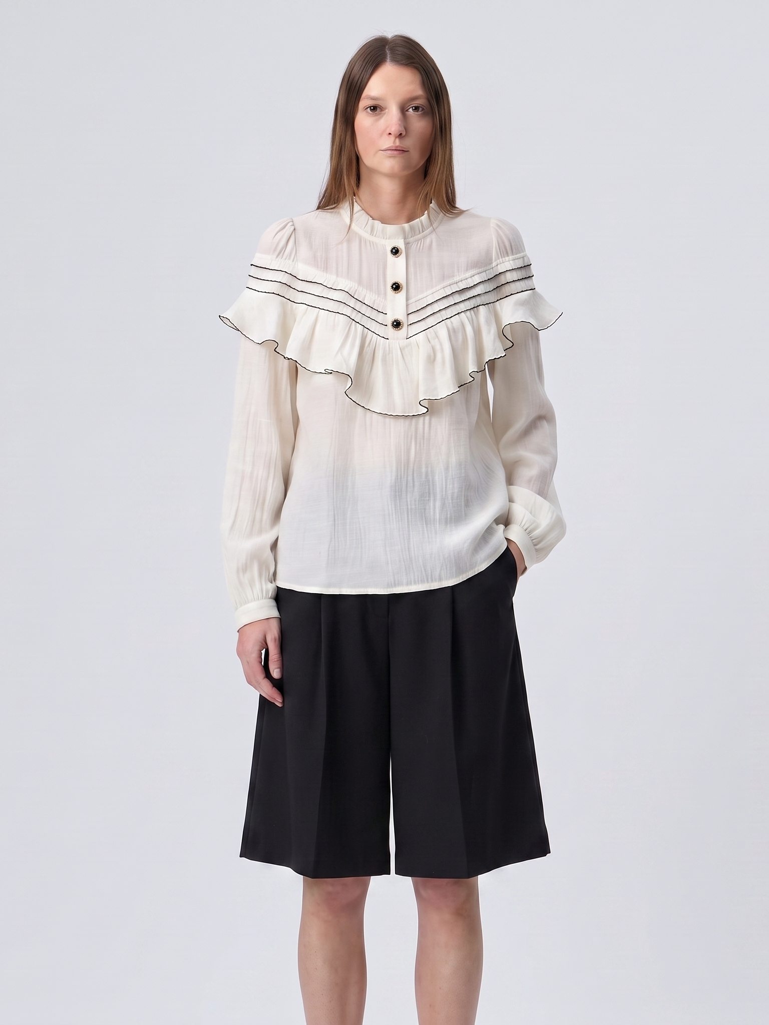 Blusa feminina de manga comprida com babados Lyocell