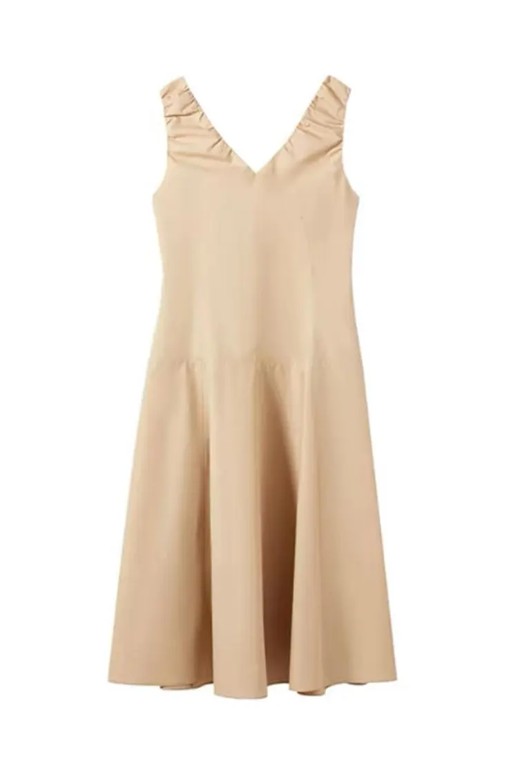 Vestido feminino novo cáqui escritório sem mangas com decote em V