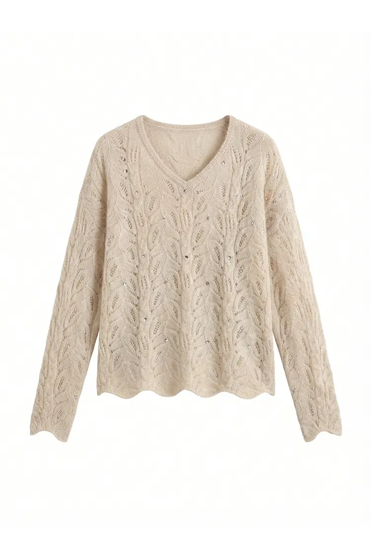 Suéter fino de caxemira feminino com decote em V